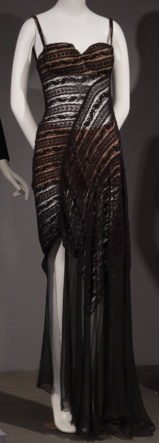 Black crochet lace floor length bustier bra dress with wrap effect and silk crepe chiffon at lo…