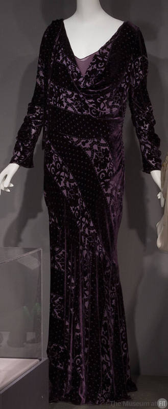 Purple burn out velvet floor length evening dress in abstract floral and crescent dot stripe pa…