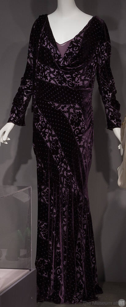 Purple burn out velvet floor length evening dress in abstract floral and crescent dot stripe pa…