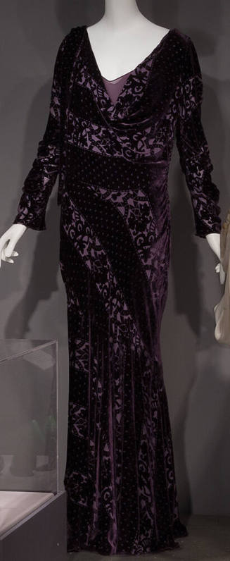 Purple burn out velvet floor length evening dress in abstract floral and crescent dot stripe pa…