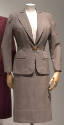 Brown and fine white striped suit with side by side button front closure surrounded by triangul…