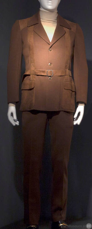 Man’s brown leisure suit with suede insets and patch pockets on jacket, notch collar and straig…