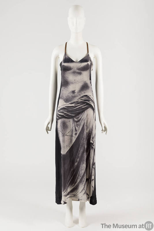 Ankle length slip dress with grey, black and white photographic trompe l'oeil Hellenic statue p…