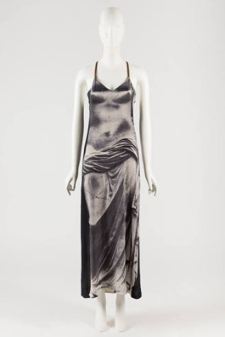 Ankle length slip dress with grey, black and white photographic trompe l'oeil Hellenic statue p…