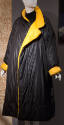 Black padded ankle length sleeping bag coat with stand collar, notched lapels and turn back cuf…