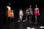 Fashioning Wonder exhibition installation view of six dressed mannequins in the “Illusions” sec…