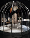 Fashioning Wonder exhibition view of the “Aviary” section with feathered garments and accessori…