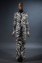 Black and white beaded zebra print long sleeve floor length evening gown with black high neck