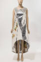 Silver sleeveless dress with high low hem from knees to ankle and multicolor floral appliques t…