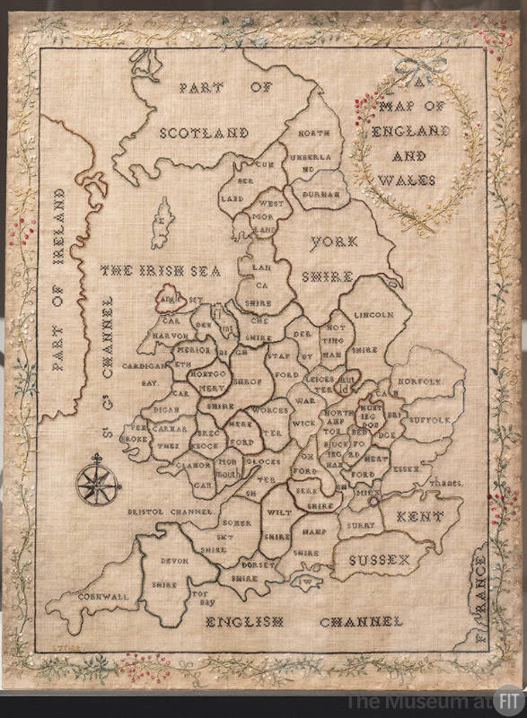 Beige map of England, Wales and Scotland and their counties embroidered in multicolor thread wi…