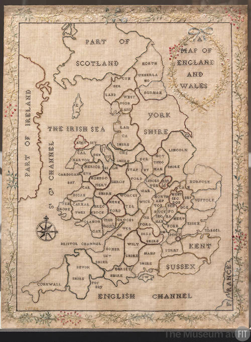 Beige map of England, Wales and Scotland and their counties embroidered in multicolor thread wi…