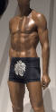 Man’s fitted black swim trunks with silver metallic fig leaf applique at center front
