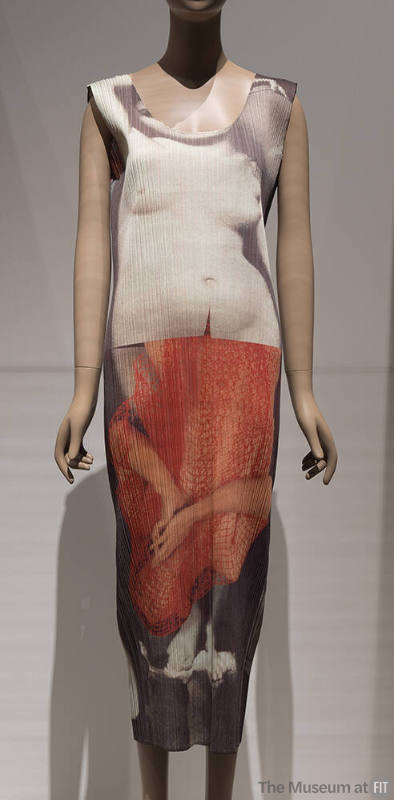 Sleeveless pleated calf length column dress with beige and taupe photo print of nude woman on t…