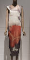 Sleeveless pleated calf length column dress with beige and taupe photo print of nude woman on t…