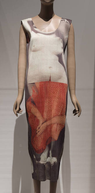 Sleeveless pleated calf length column dress with beige and taupe photo print of nude woman on t…