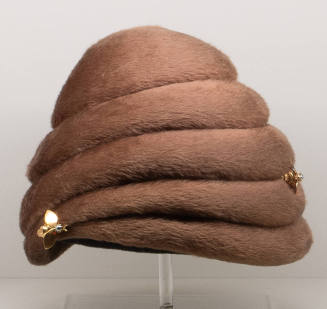 Taupe fur felt hat in the shape of a beehive with small gold metal and faux pearl bee pins