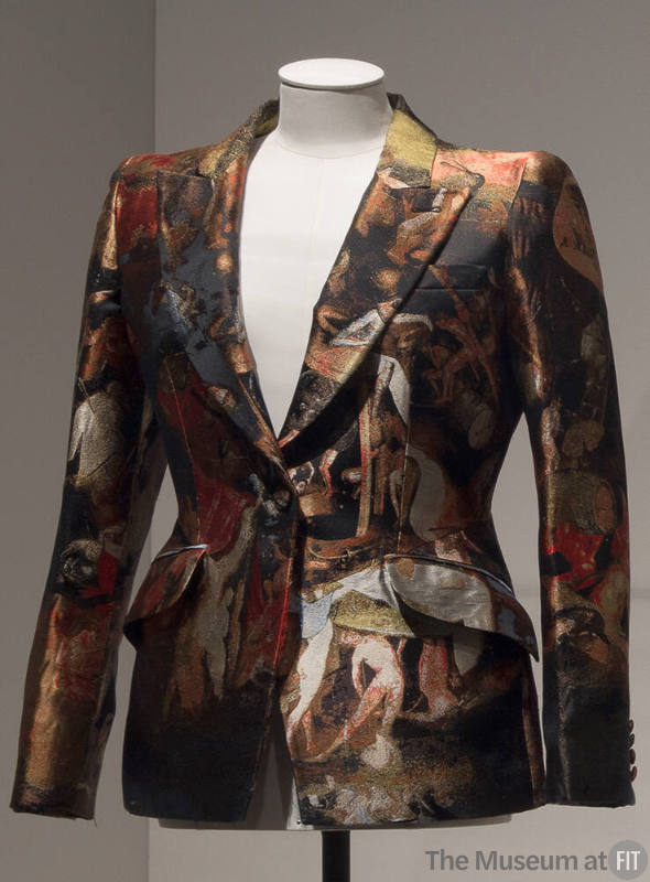 Silk jacquard jacket printed with imagery from Hieronymus Bosch paintings on black ground in re…