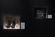 Fashioning Wonder exhibition installation view of a pair of blank ankle boots in a case and a g…