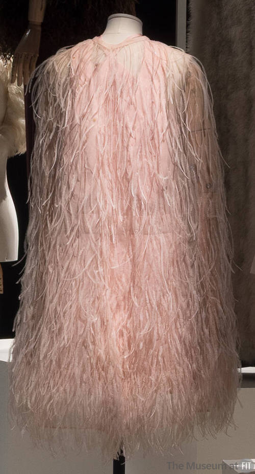 Rear view of sheer pink cape covered in pink feathers and iridescent sequins