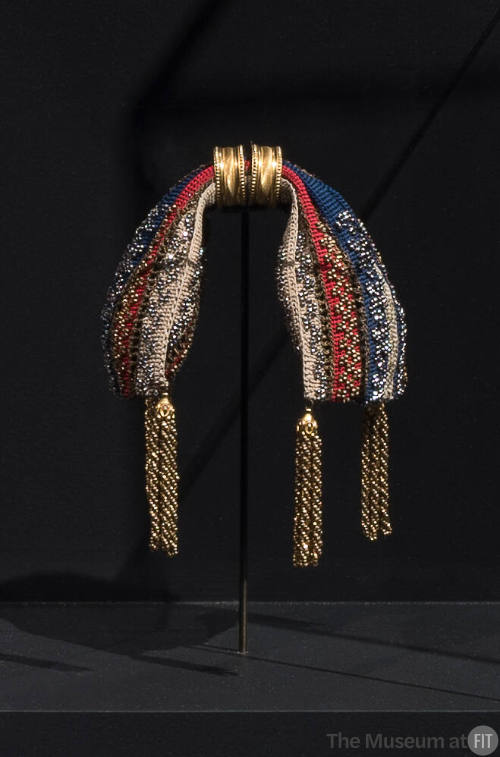 Red, blue and cream striped miser’s purse embroidered with gold and silver beads, gold tassels …