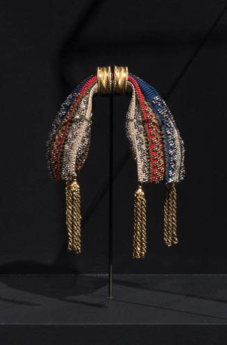 Red, blue and cream striped miser’s purse embroidered with gold and silver beads, gold tassels …