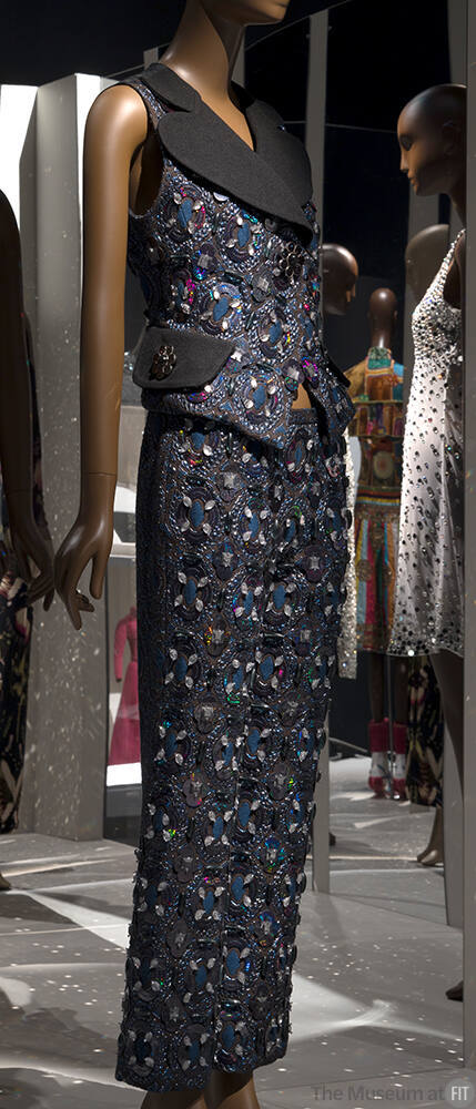 Blue vest with black oversize collar and matching pants set with allover metallic thread medall…