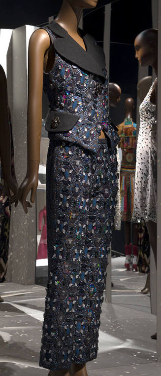 Blue vest with black oversize collar and matching pants set with allover metallic thread medall…