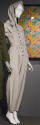 Grey button front coverall with tapered leg, topstitching throughout and matching hood tied und…