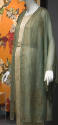 Green silk gauze open front coat with bronze metallic medallion and vine print along opening an…
