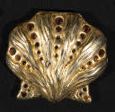 Gold metal clam shell minaudiere evening bag with brushwork effects of various gold tones and r…