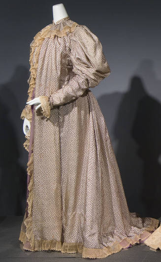 White floor length dress with light purple clover print, long puffed sleeves and beige lace tri…