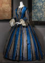 Blue, grey and black vertical striped floor length two-piece dress with fitted waist, two tired…