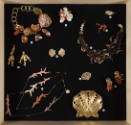 Fashioning Wonder exhibition installation view of a group of jewelry and accessories on a black…