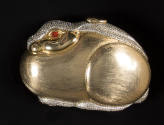 Gold metal miniature evening bag in the shape of a rabbit with rhinestone pavé at top and base …