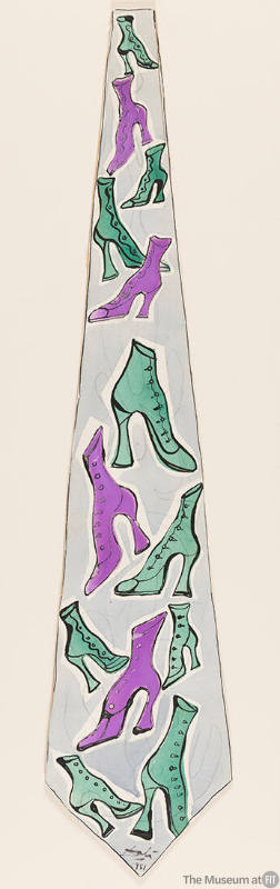 Painted design of a necktie with pattern of green and purple high heel buttoned ankle boots on …