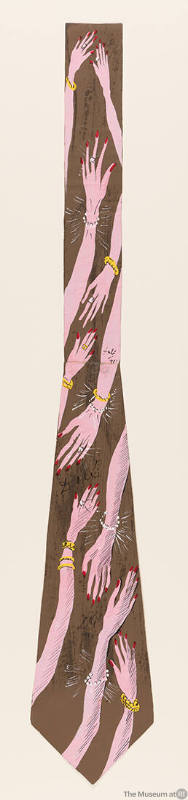 Painted design of a neckline with pattern of pink hands wearing gold and pearl bracelets and ri…