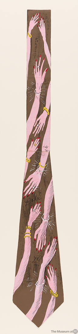 Painted design of a neckline with pattern of pink hands wearing gold and pearl bracelets and ri…