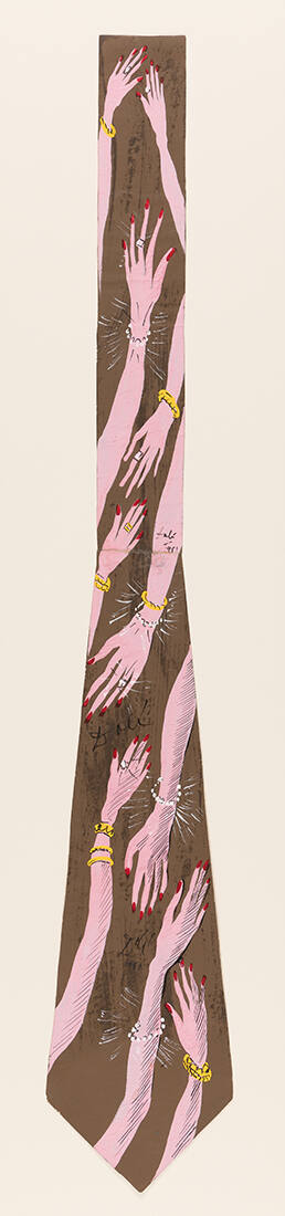 Painted design of a neckline with pattern of pink hands wearing gold and pearl bracelets and ri…
