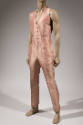 Man’s pink silk halter neck jumpsuit with waistcoat style top with five button closure, side po…