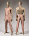 Front and back view of man’s pink silk jumpsuit shown on side by side mannequins 