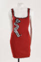 Red form fitting tank mini dress with a knit black and white heart and scroll inscribed “Mon co…