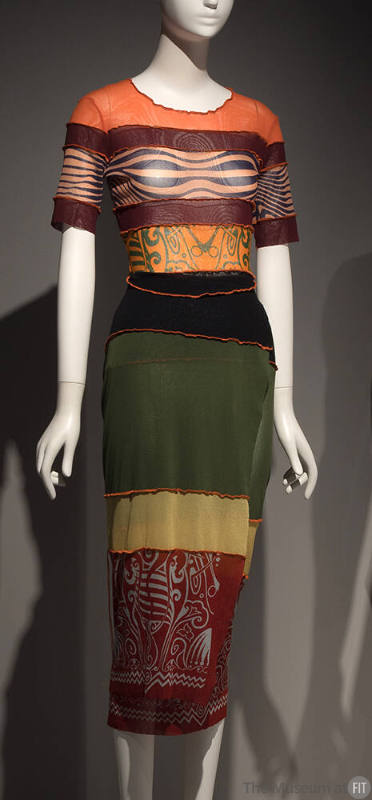 Orange, red, green and black short sleeve below-the-knee mesh dress of horizontal bands of soli…