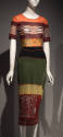 Orange, red, green and black short sleeve below-the-knee mesh dress of horizontal bands of soli…
