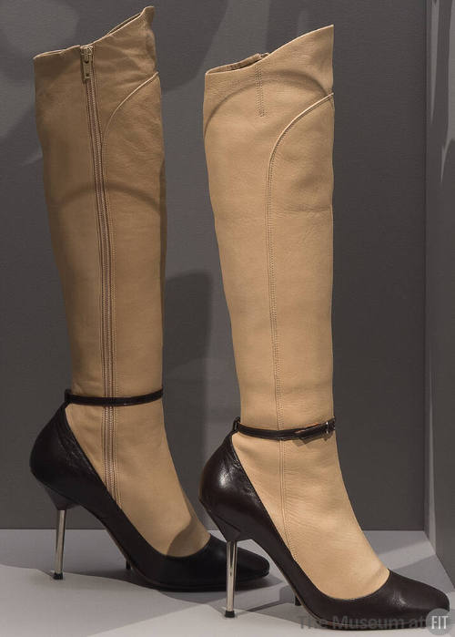 Pair of light beige trompe l'oeil knee high boots with black leather pump shoe base with ankle …