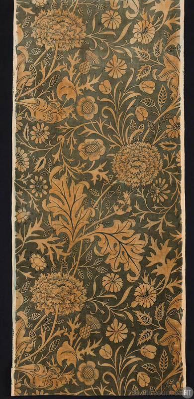 Long rectangular drapery panel with large repeating pattern of ochre stylized flowers and leave…