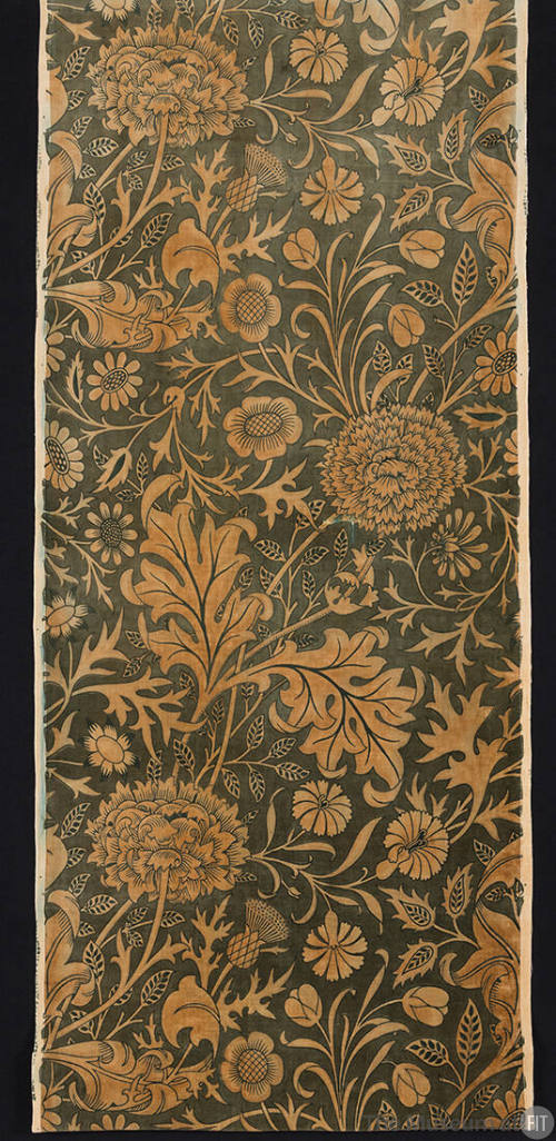 Long rectangular drapery panel with large repeating pattern of ochre stylized flowers and leave…