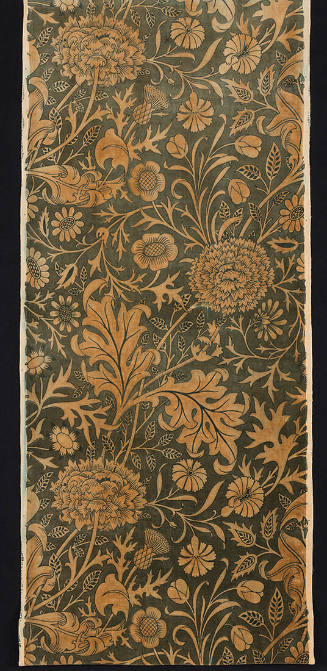Long rectangular drapery panel with large repeating pattern of ochre stylized flowers and leave…