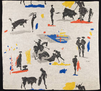 Square off-white textile with repeating pattern of black bullfighter vignettes with blue, dark …