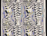 Textile with light grey ground and abstract pattern of off-white vertebrae-like designs with sm…