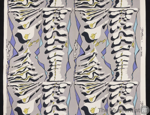 Textile with light grey ground and abstract pattern of off-white vertebrae-like designs with sm…